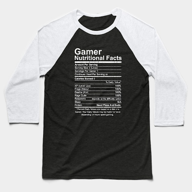 Gamer Nutritional Facts Baseball T-Shirt by Throbpeg